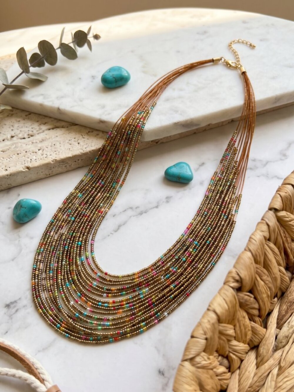 Seed Bead Multi Strand Statement Necklace Boho Western Multicolor Gold 18" - Picture 3 of 15